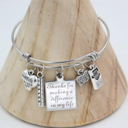 10PCS Stainless Steel Jewelry Adjustable Wire Bangle Book Ruler Crayons Favorite Teacher Charm Bracelet for teachers day gift