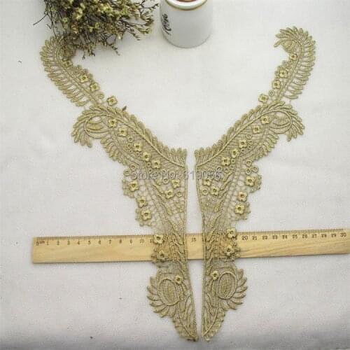 2 Mirror Pair 35X9.5CM Venise Lady Dress Sewing Gold collar Flower Flower Floral Lace Trims Applique patch LP - JA27