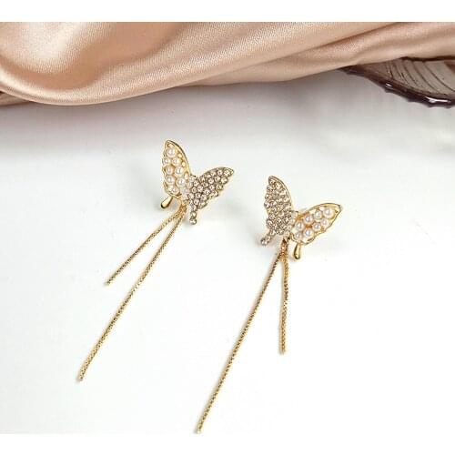 2021 Fashion New Earrings Pearl Butterfly Crystal Long Tassel Earrings Sweet Girly Temperament Net Red Earrings Sale Oorbellen