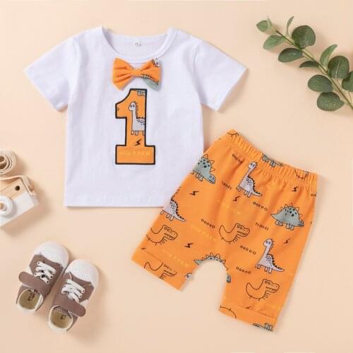 Infant Baby Boys Sets Creative Printing Pattern Dinosaur Bowtie T-shirt First Birthday Tops+shorts Outfits Sets Summer Clothes