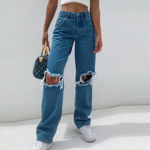 Korean High Waist Jeans Women Sexy Hole Straight Denim Pants Loose Casual High Street Denim Trousers Pantalon Femme Plus Size