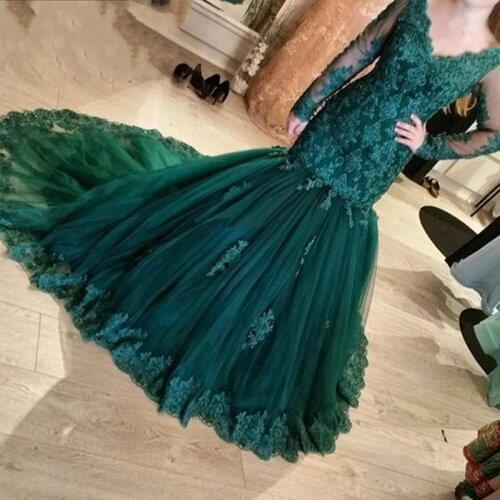 V-neck Mermaid Prom Dresses Illusion Long Sleeves Lace Appliques Floor Length Evening Party Formal Gowns