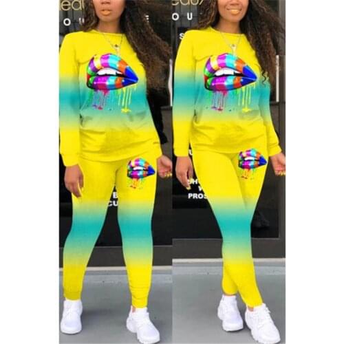 Trendy Female 2 Pieces Suit Set Womens Floral Print Round Neck Long Sleeve T-Shirt and Trousers Vintage Rose Red/Blue/Yellow