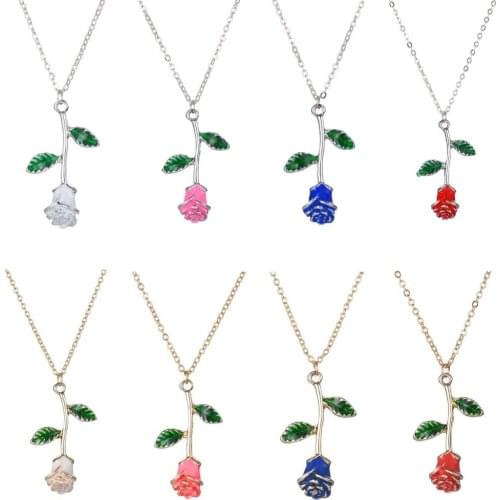 Enamel Red Rose Flower Necklaces For Women Jewelry Choker Gold Silver Color Chain Link Flower Pendant Necklace Valentine Gifts