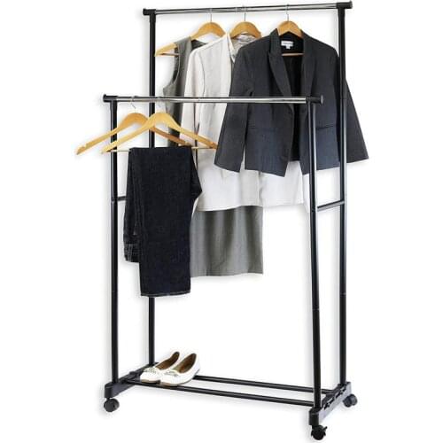 Adjustable Clothes Rack Double Rods With Wheel Coat Shelf Hanging Drying Rack Floor Hanger Movable Retractable Cloth Storage HWC