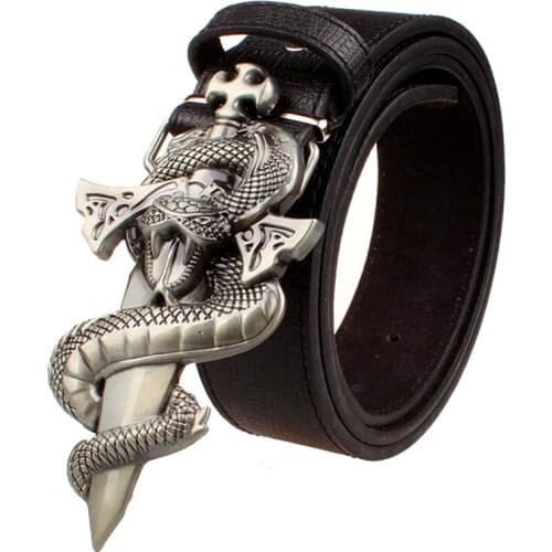 Fashion mens leather belt punk Belt Knife Metal belts Snake totem sword wild Street Dance hip hop Belts Gift for Men