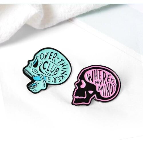Skeleton Skull Enamel Lapel Pins over-thinkers club,where is my mind? Brooches Badges Pins Gifts for men women Punk Jewelry