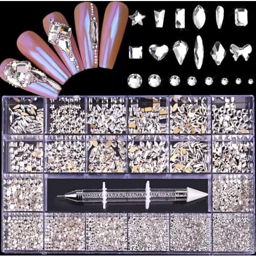 21 Grid Boxed Nail Rhinestone 3100 Pcs Various Shapes Nail Jewelry With Drill Pen Crystal Glass Nail Decorations DIY Nail Art
