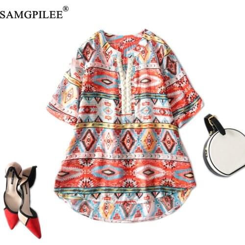 2021 New Fashion Summer Women T-shirts Bohemian Style Stand Collar Printed Thin Short Sleeves T Shirt Oversized Femme Vadim