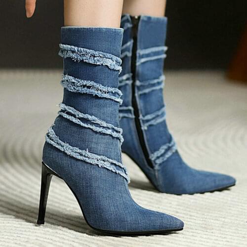 2021 Denim Women Ankle Boots Fashion Pointed Toe Thin High Heel Ladies Short Boots Dress Side Zipper Womens Boots Big Size 43
