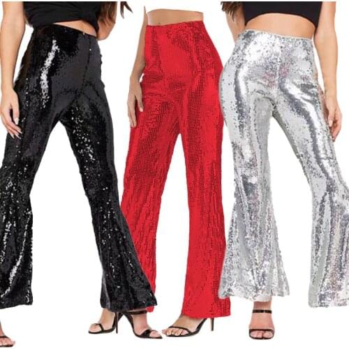 Echoine Women Sexy Nightclub See-through Sequins Loose Flared Trousers Stylish Woman Pants Drop Shipping New Arrival