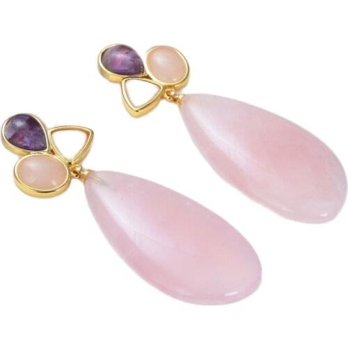 GG Jewelry Natural Stone Natural Pink Rose Quartzs Amethysts White Shell Dangle Stud Earrings romantic style for women
