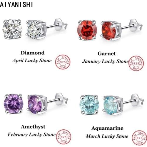 AIYANISHI 925 Sterling Silver Birthstone Earrings Woman Fashion Jewelry Wedding Engagement Silver 12 Months Stud Earrings Gifts
