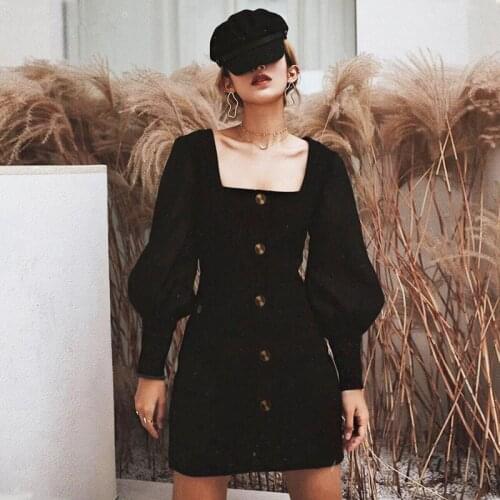 2021 Summer Women Dress Black Puff Sleeve Square Collar Button Female Dress Fashion Loose High Waist Elegant Ladies Dresses