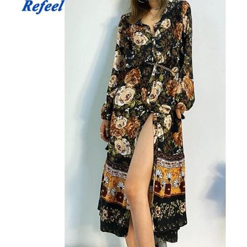 New Autumn Floral Print Long Women Dress Vintage Loose Female Buttons Dress Chic V-Neck Elegant Dresses
