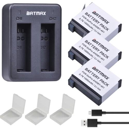 For 3X 1500mAh Gopro Hero 4 Battery AHDBT-401 + Dual USB Charger for GoPro4 HD Hero 4 Hero4 Black and Silver Edition Batteries