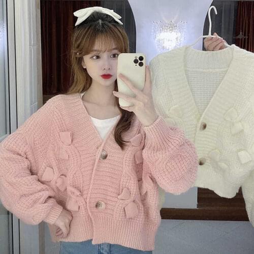 Korean Sweet Bowknot Short Sweater Coat 2021 Spring Autumn New Long Sleeve V-neck Knitted Cardigan Casual Women Jacket Y154