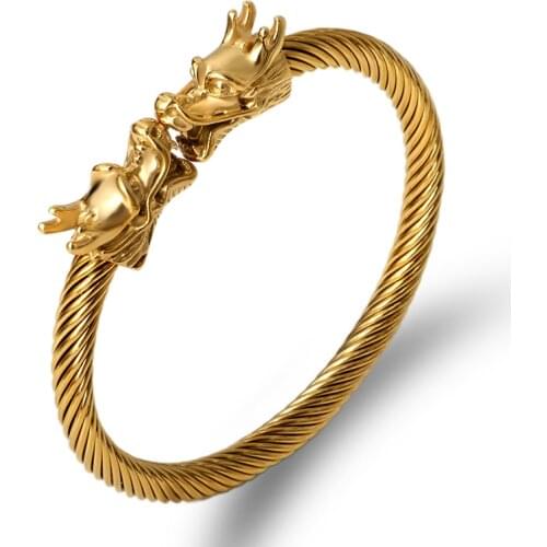Cool Street Men Jewelry Dragon Heads Charm Bracelets Open Bangles Stainless Steel Twist Cable Wire Bangles Rock Jewelry