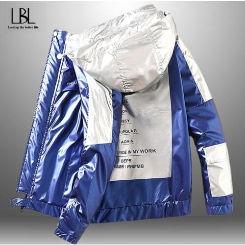 Mens Casual Printed Zipper Patchwork Jackets Loose Hooded Coat Male Reflective Jacket Streetwear Man Windbreaker Hip Hop Jacket
