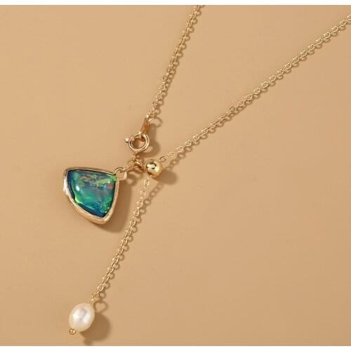 Minar INS Fashion Green Glass Shell Pendant Necklace for Women Gold Color Linked Small Circle Chain Pearl Choker Necklaces Gift