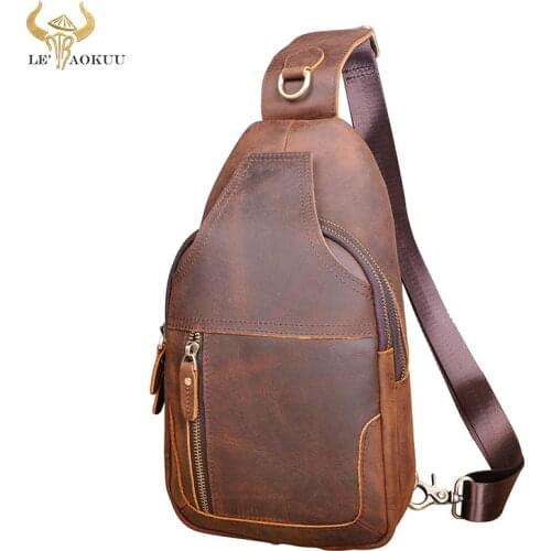 Men Crazy Horse Leather Casual Fashion Triangle Chest Sling Bag Design Daypack One Shoulder Crossbody Bag Male 6601-d