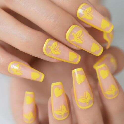 Coffin Press On Nails Pink Nude Medium Butterfly Fake Nails Yellow Professional Print Painted Nail Tips Colorful Nail Kit