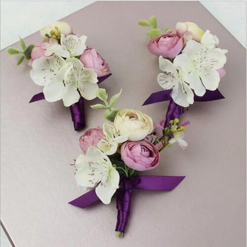New artificial purple rose corsage Groom Boutonniere brooch women corsage flower bridal handmade Flowers Wedding party flower