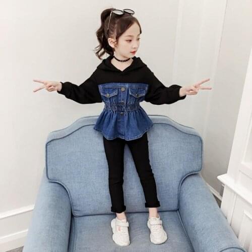 Childrens 2021 New Denim Spring Autumn Contrast Color Suit Little Girl Stitching Korean Clothes Two-Piece Trend