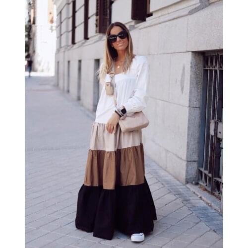 Autumn Women Patchwork Dresses Street Sexy Casual Loose Beach Party Maxi Dress Square Collar Long Dress Female Vestidos Mujer