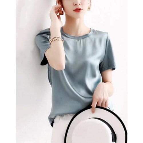Bright silk simple solid color short-sleeved T-shirt blouse female 2021 summer new round neck T-shirt