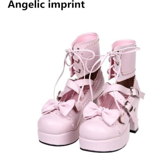 Angelic imprint woman mori girl lolita cosplay shoes lady high heels pumps women princess dress party shoes bowtie 33-47 7.5cm