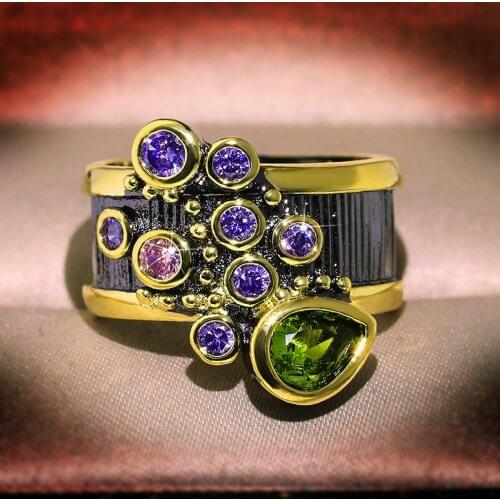 Unique creative silver inlaid colorful water drop round crystal ladies ring exquisite luxury elegant party banquet jewelry