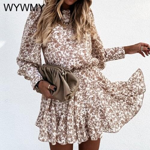 WYWMY Brown Flower Print Summer Dress Womens Long Sleeve Casual Elegant Mini Dress Office Lady Party Clothes Female Vestidos