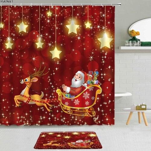 2Pcs Merry Christmas Santa Claus Elk Shower Curtain Snowflake Tree Colored Balls Non-Slip Bath Mat Bathroom Hanging Curtains Set