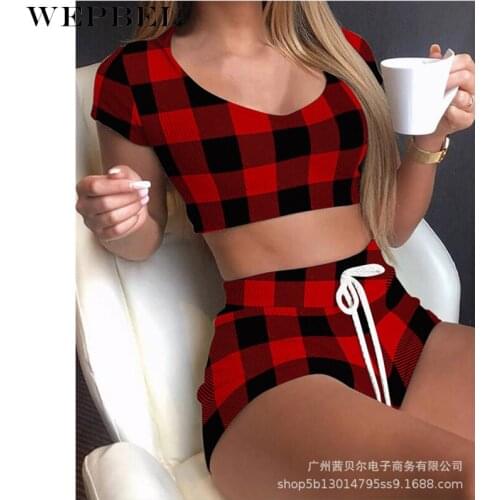 WEPBEL Womens Tracksuit Ladies Sport Shorts Set Plaid Crop Top + Drawstring High Waist Shorts Two Piece Set Outfits