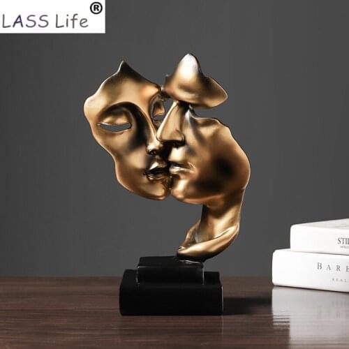 27cm Kissing Couple Human Abstract Face Kiss Sculpture Resin Mask Statue Tabletop Ornament for Home Decoration Wedding Gifts