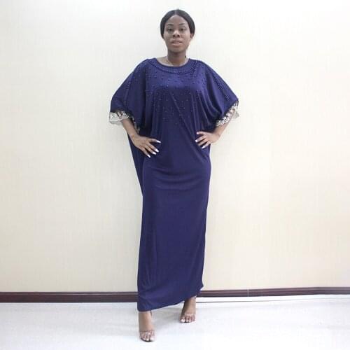 African Pearls Lace O-Neck Batwing Sleeve Elegant Noble Lady Dress African Lace Dresses