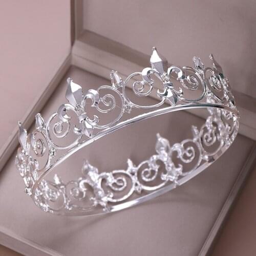 AiliBride Round Crown King Queen Wedding tiara Headpiece Men Party Silver color Crystal Hair Jewelry Wedding Hair Accessories
