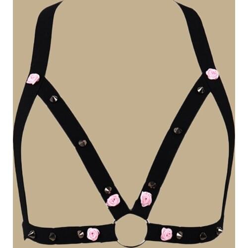 Open Chest Harness Bra Pink Flower Body Harness Pastel Goth Sexy Lingerie Elastic Adjustable Bondage Belt Punk Body Cage
