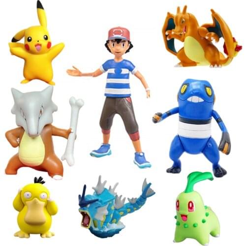 Cartoon Ash Ketchum Psyduck Pika Marowak Charizard Croagunk Chikorita Pokemones Action Figure Toys Collection Anime Figures Gift