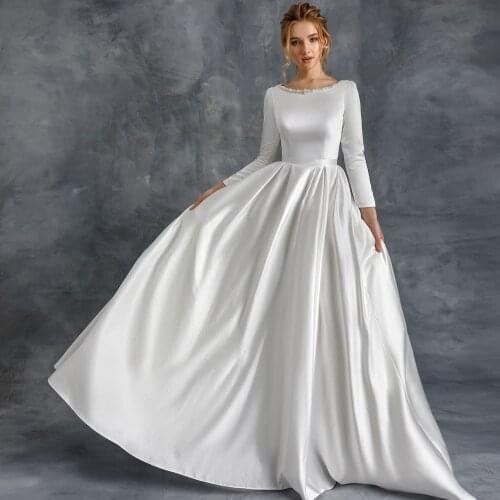 Classic Simple A-Line Weddding Dresses Draped Beading Full Sleeve Foor Length 2020 New Arrival Femme Bridal Gowns