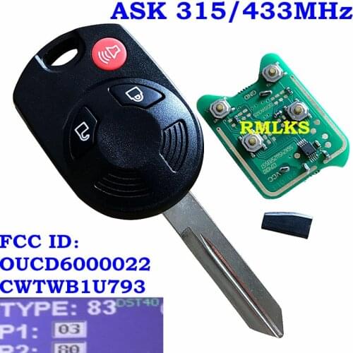 Uncut Key Remote 3 Button 80 Bit Head Keyless Entry for Ford 2005-2014 Mustang OUCD6000022 /CWTWB1U793 315/433Mhz