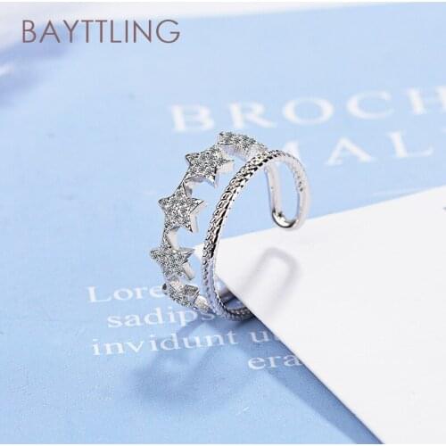 BAYTTLING 925 Sterling Silver Luxury Double Star Zircon Open Ring For Women Fashion Jewelry Couple Ring Gift
