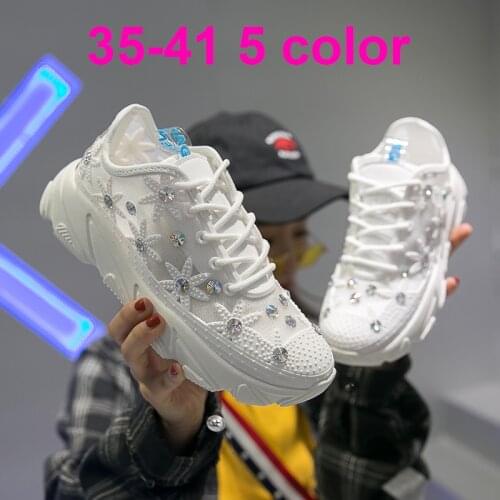 Weweya Womens Shoes White Sneaker Women Platform Thin Mesh Breathable Rhinestone Lace-up Summer Flower Ladies Shoes Sneakers 41