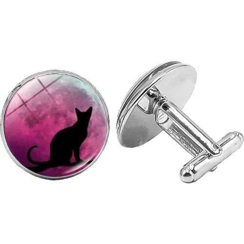 Hot / Jewelry Cufflinks Red Moon Black Cat Creative Time Glass Convex Mens Cufflinks Gift High-grade French Shirt Sleeve Nails