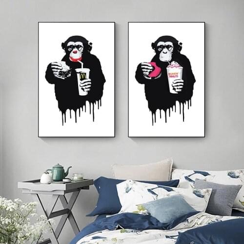 Brainwash Banksy graffiti Fast Food Monkey print canvas Painting Posters and Prints Abstract Wall Pictures for Living Room Decor