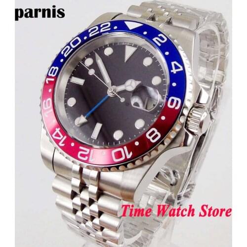 40mm PARNIS wristwatch for men sapphire crystal steel bracelet black sterile dial luminous GMT automatic mechanical watch date