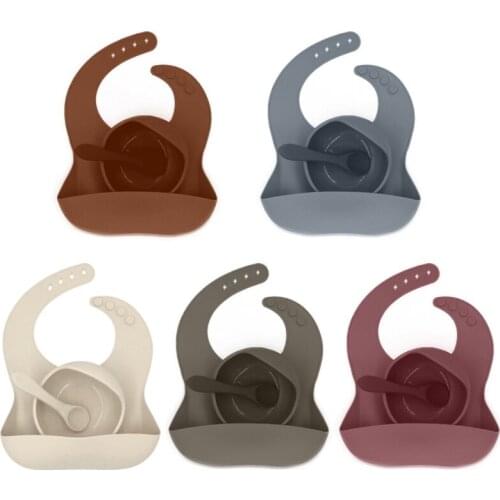 3Pcs Baby Tableware Set Newborn Bibs+Dinner Plate+Spoon Set Waterproof Food Grade Silicone Feeding Saliva Towel Teething