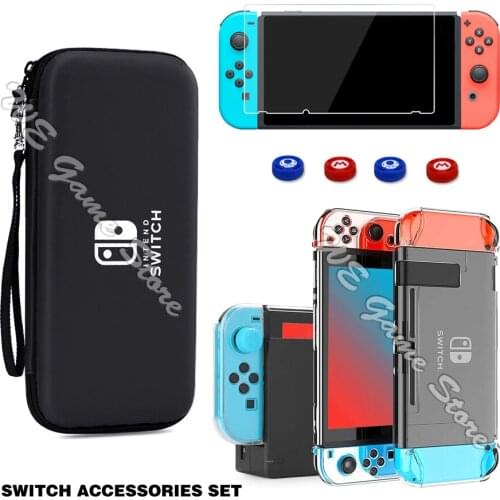 Game Accessories Set For Nintendo Switch With Storage Bag Carrying Case&Screen Glass Film&Protect Crystal Shell&Silicone Caps