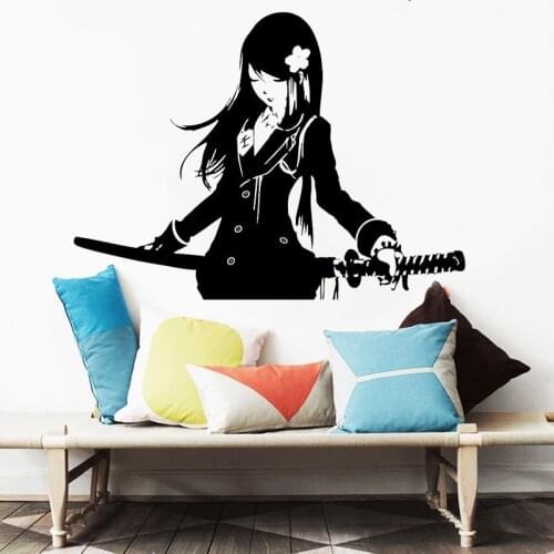 Wall Stickers Samurai Schoolgirl Katana Japanese Akai Anime Vinyl Interior Home Decor Room Decals Removable Murals DW10527